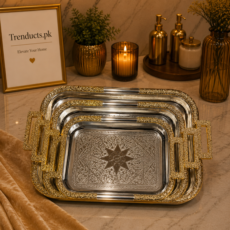 Luxury 3-Piece Stainless Steel Serving Tray Set with Islamic Art Etching