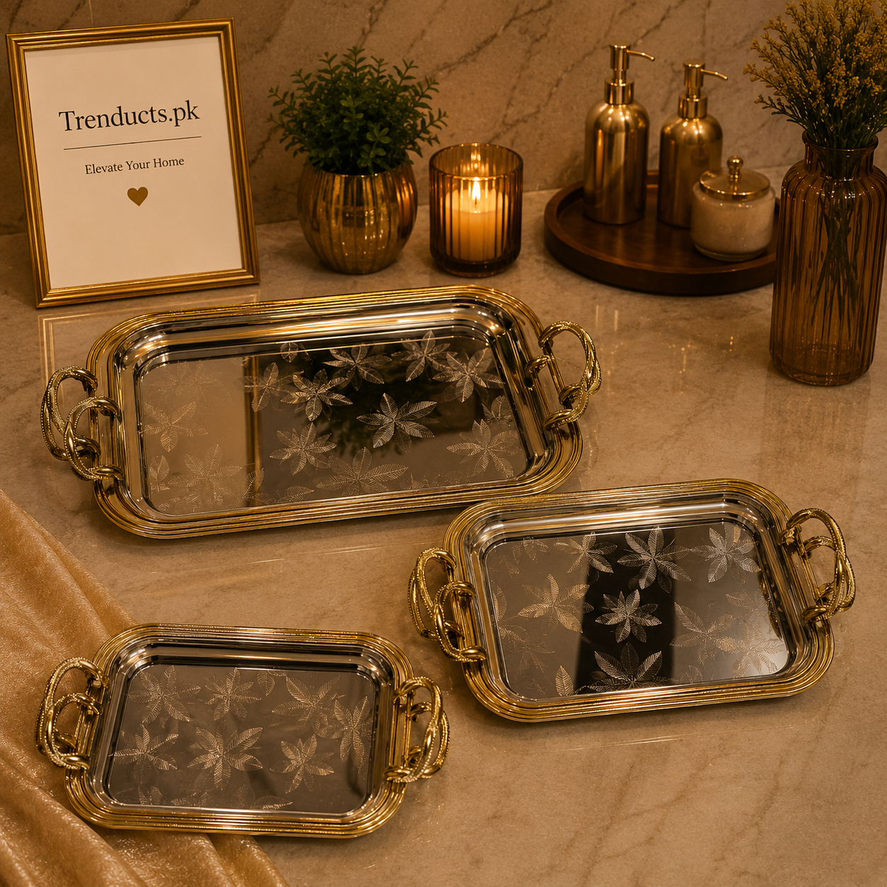 Luxury 3-Piece Floral-Etched Stainless Steel Tray Set with Rope-Design Golden Borders
