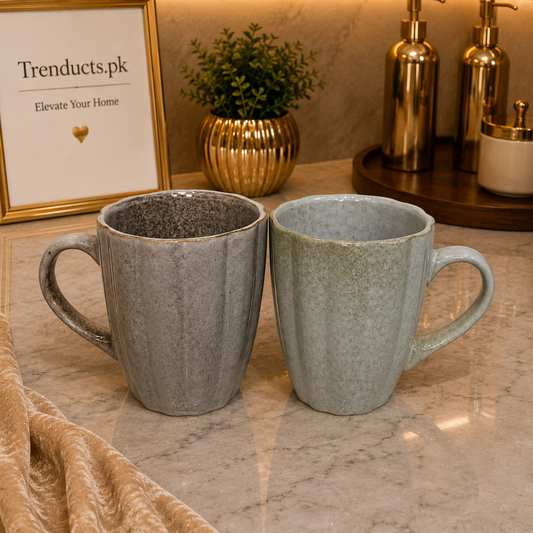 Artisanal Ribbed Ceramic Tea Mug Set (Random Color)