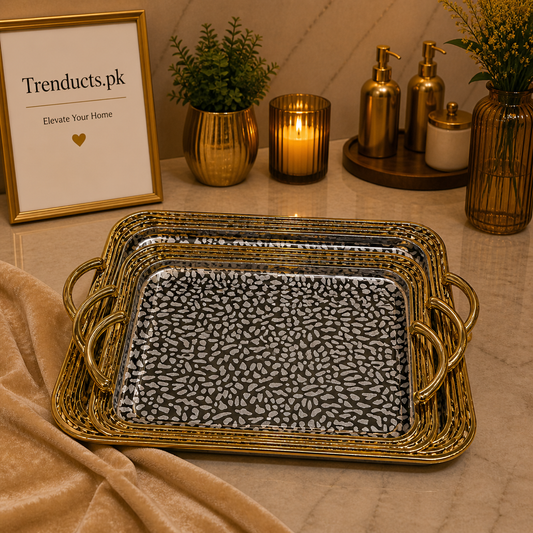 Luxury 3-Piece Leopard-Print Stainless Steel Tray Set with Ornate Golden Borders