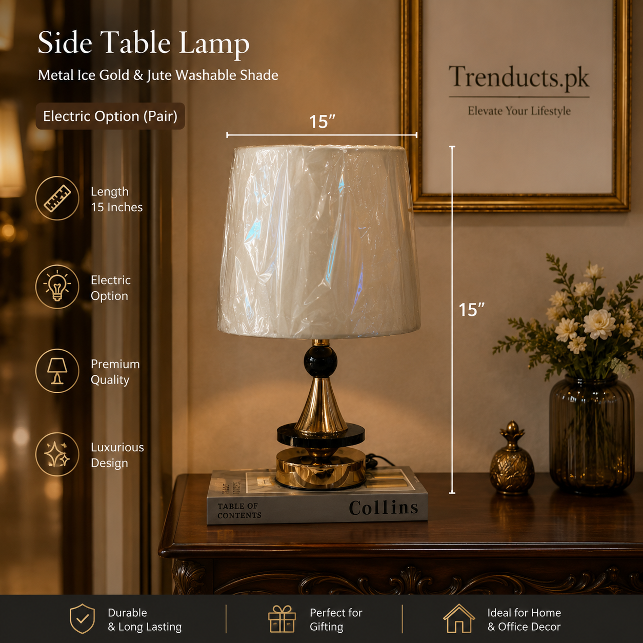 Modern Ice-Gold Metal Side Table Lamp Pair