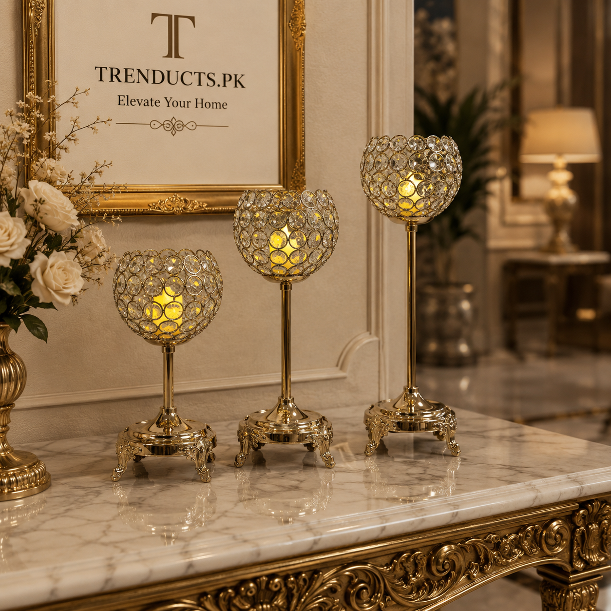 Luxury Crystal Jafri Candle Stand Set – Ice Gold Plated
