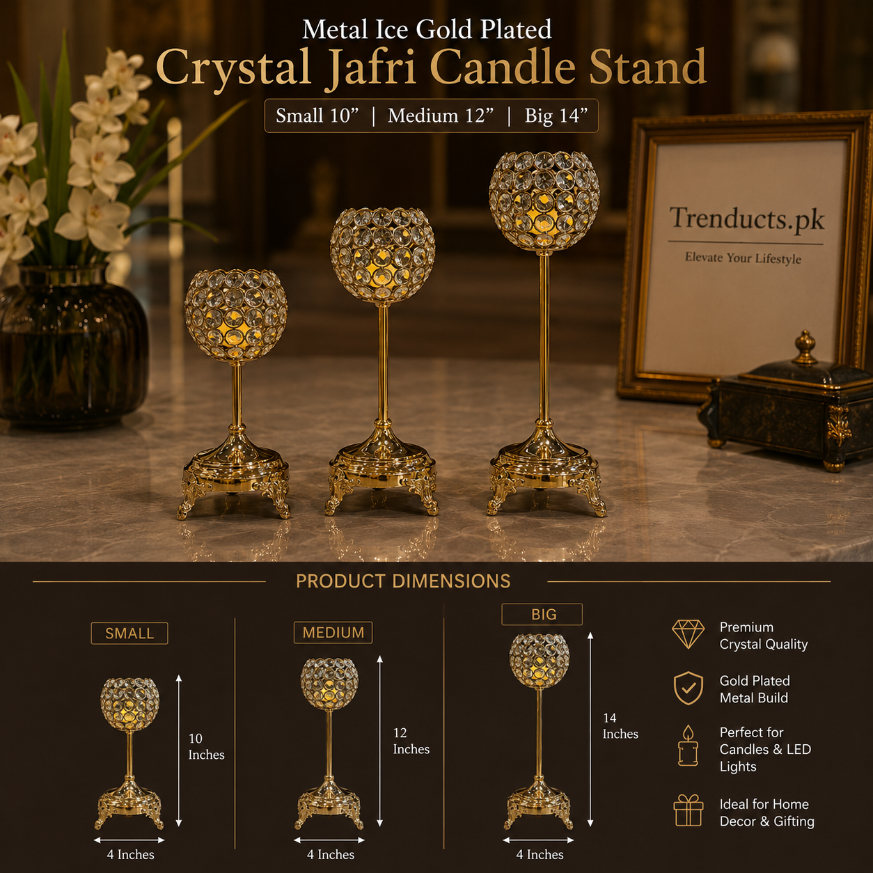 Luxury Crystal Jafri Candle Stand Set – Ice Gold Plated