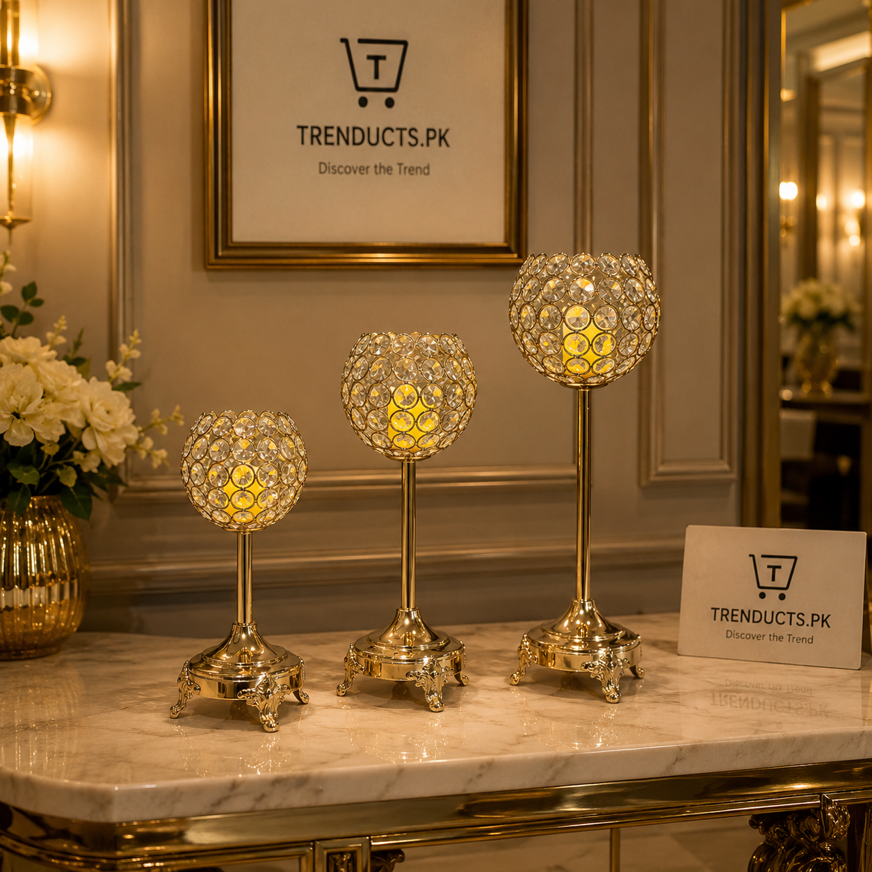 Luxury Crystal Jafri Candle Stand Set – Ice Gold Plated