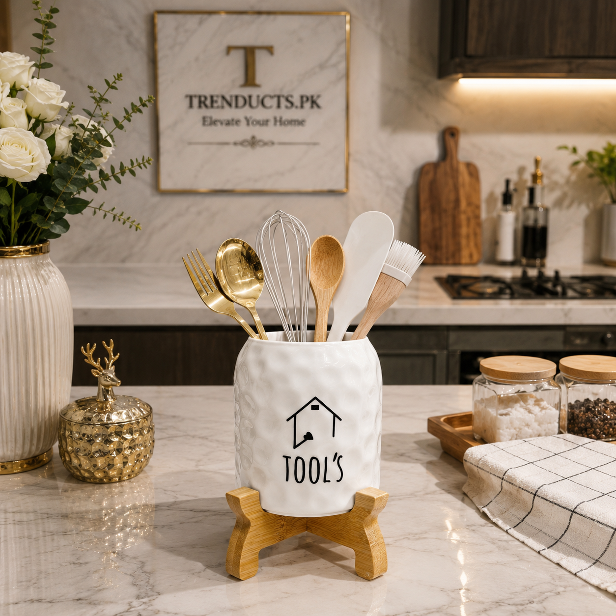 Premium Ceramic Cutlery & Spoon Holder with Wooden Stand