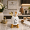 Premium Ceramic Cutlery & Spoon Holder with Wooden Stand