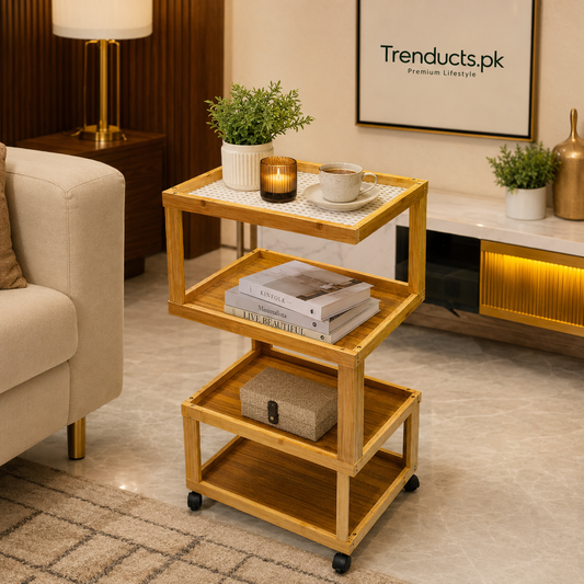 Premium 3 & 4-Tier Bamboo Trolley with Acrylic Top