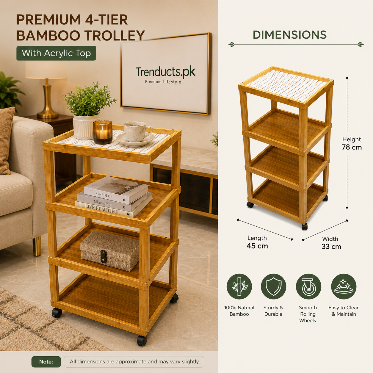 Premium 3 & 4-Tier Bamboo Trolley with Acrylic Top