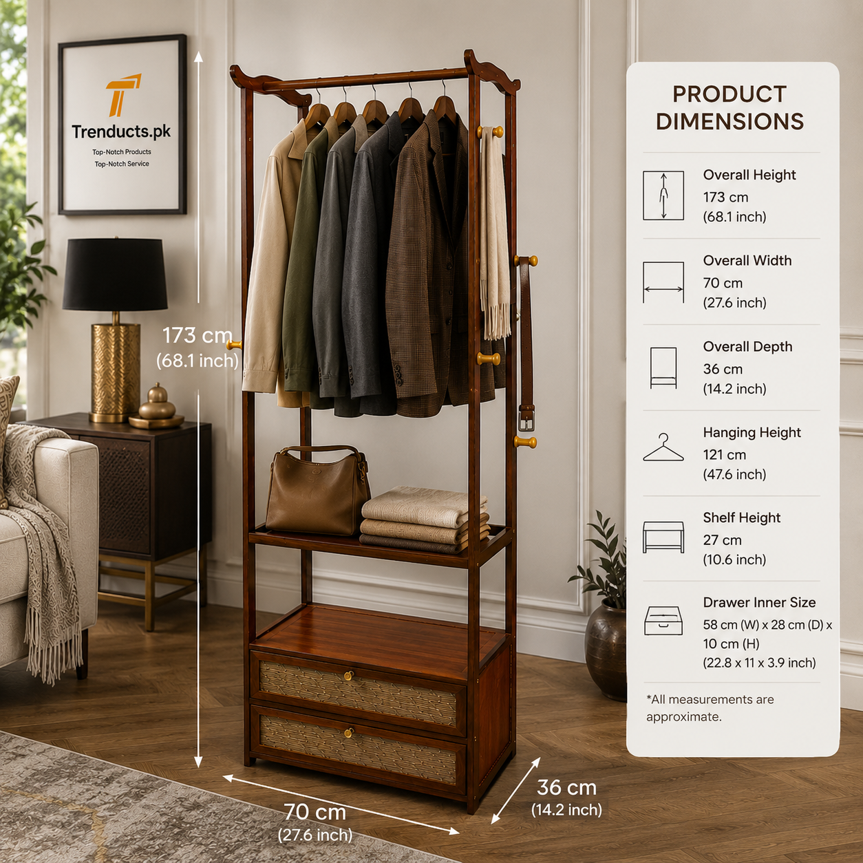 Premium Walnut Wood Standing Garment Rack with Dual Drawers