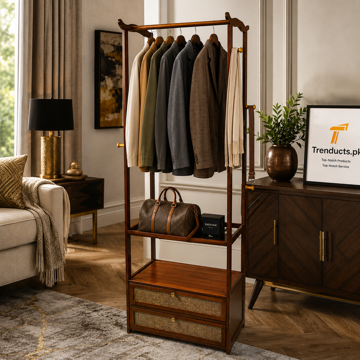 Premium Walnut Wood Standing Garment Rack with Dual Drawers