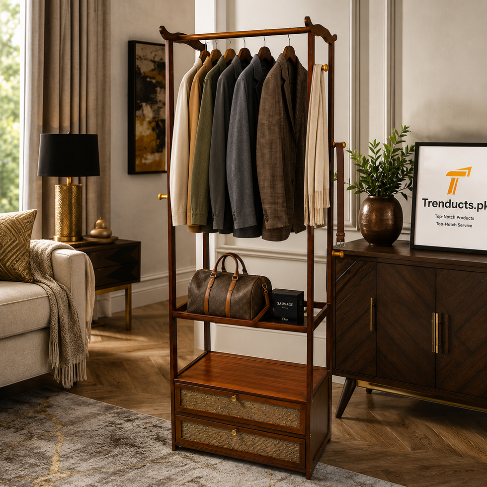 Premium Walnut Wood Standing Garment Rack with Dual Drawers