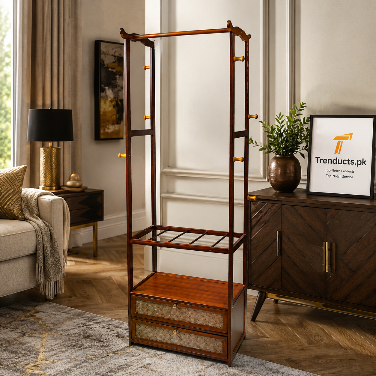 Premium Walnut Wood Standing Garment Rack with Dual Drawers
