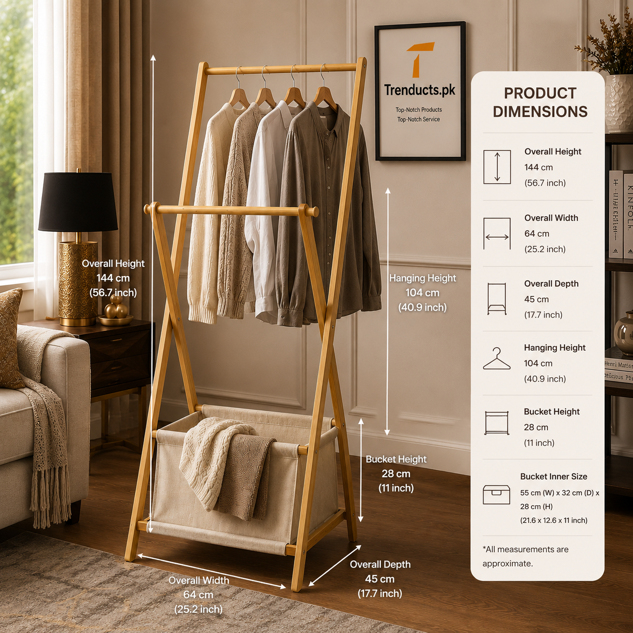2-Tier Bamboo Standing Garment Rack with Laundry Basket