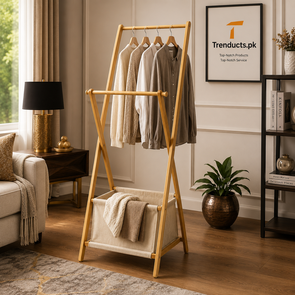 2-Tier Bamboo Standing Garment Rack with Laundry Basket