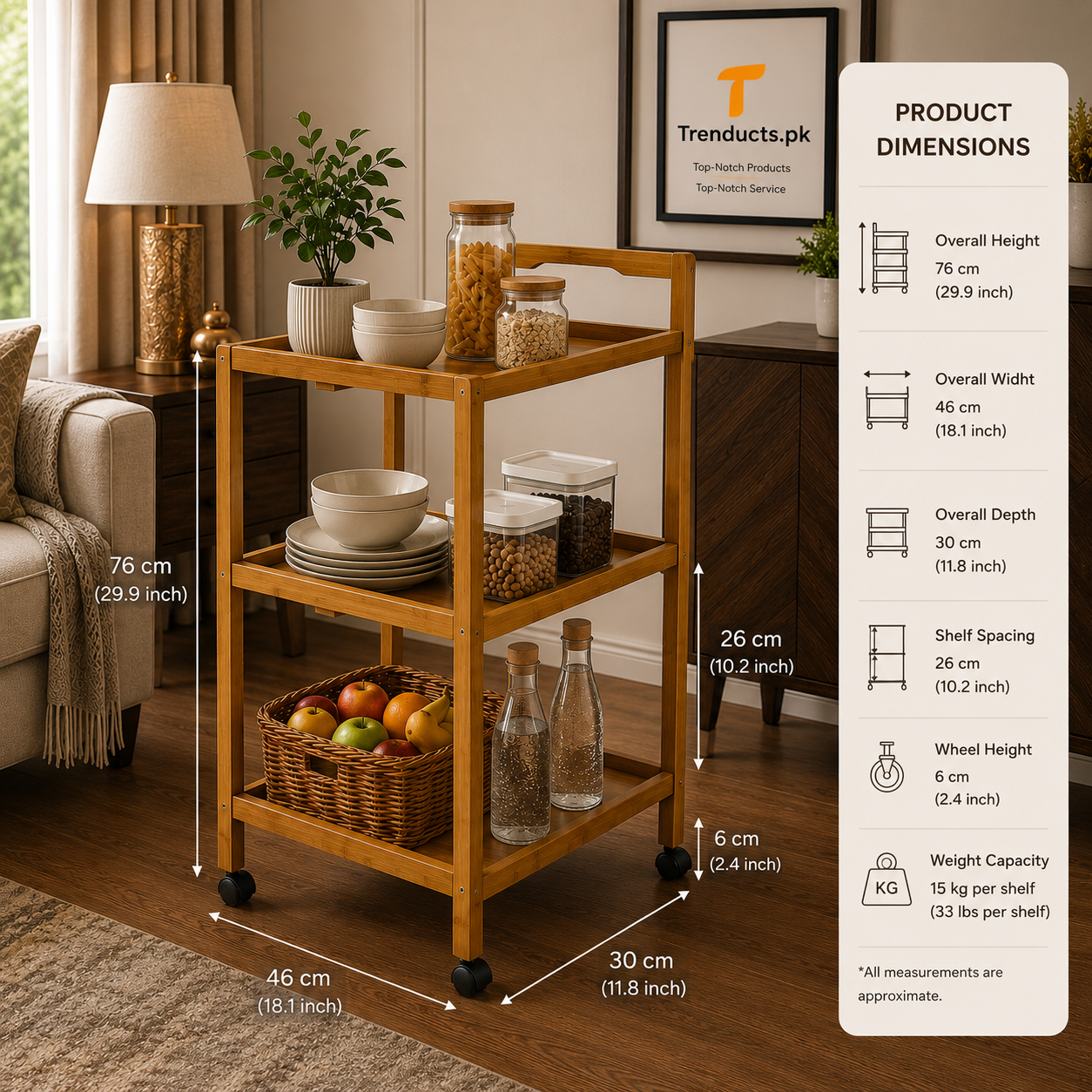 Premium 3-Tier Bamboo Pantry & Kitchen Utility Trolley