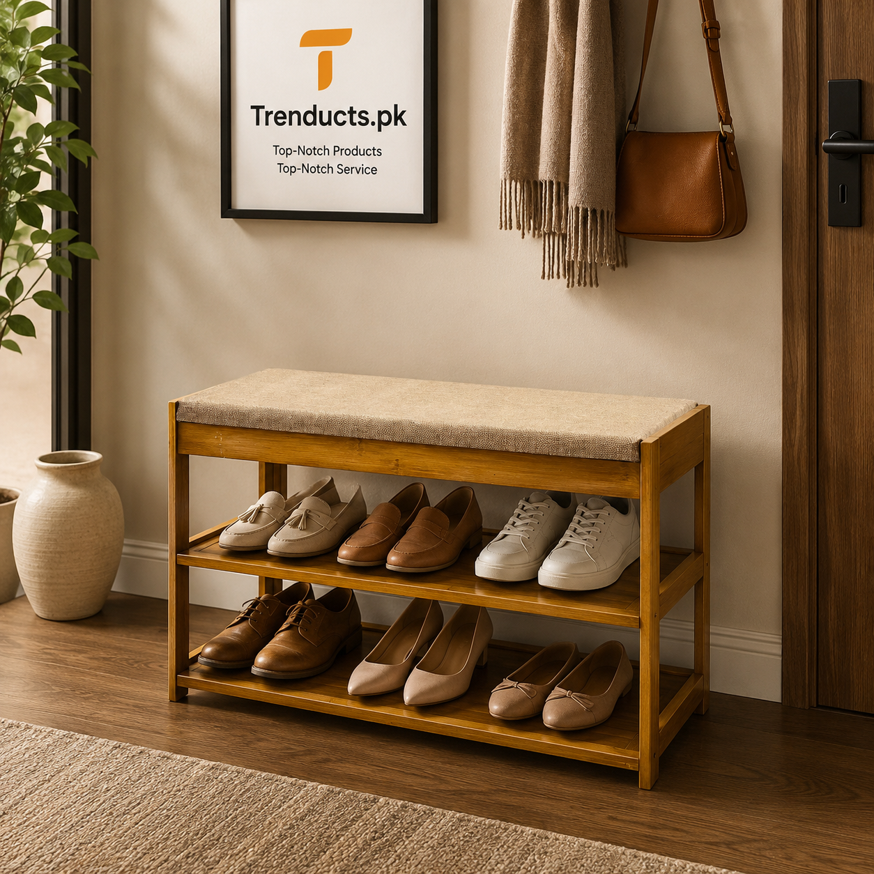 Premium 3-Tier Bamboo Shoe Rack with Padded Bench