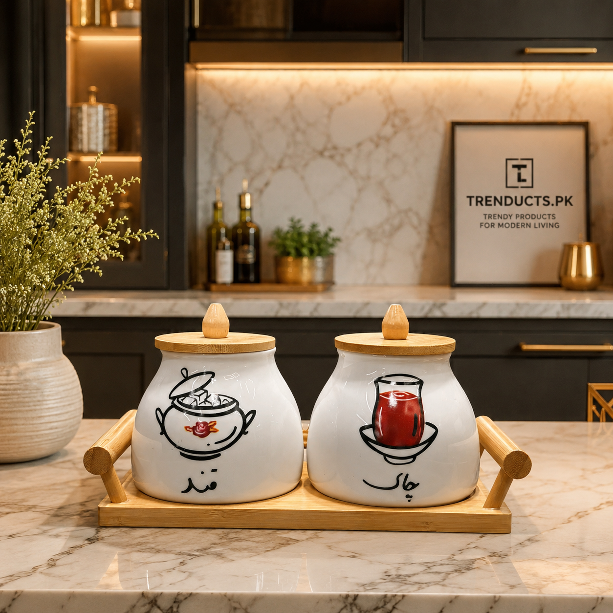 Chai & Qand Artisanal 2-Piece Ceramic Jar Set with Wooden Tray