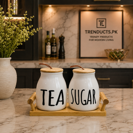 Modern Nordic Tea & Sugar 2-Piece Ceramic Jar Set with Wooden Tray