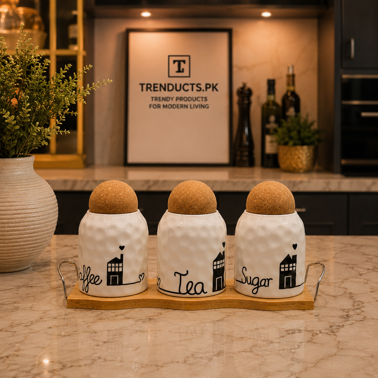 Artisanal Hammered 3-Piece Tea, Coffee & Sugar Jar Set with Cork Lids