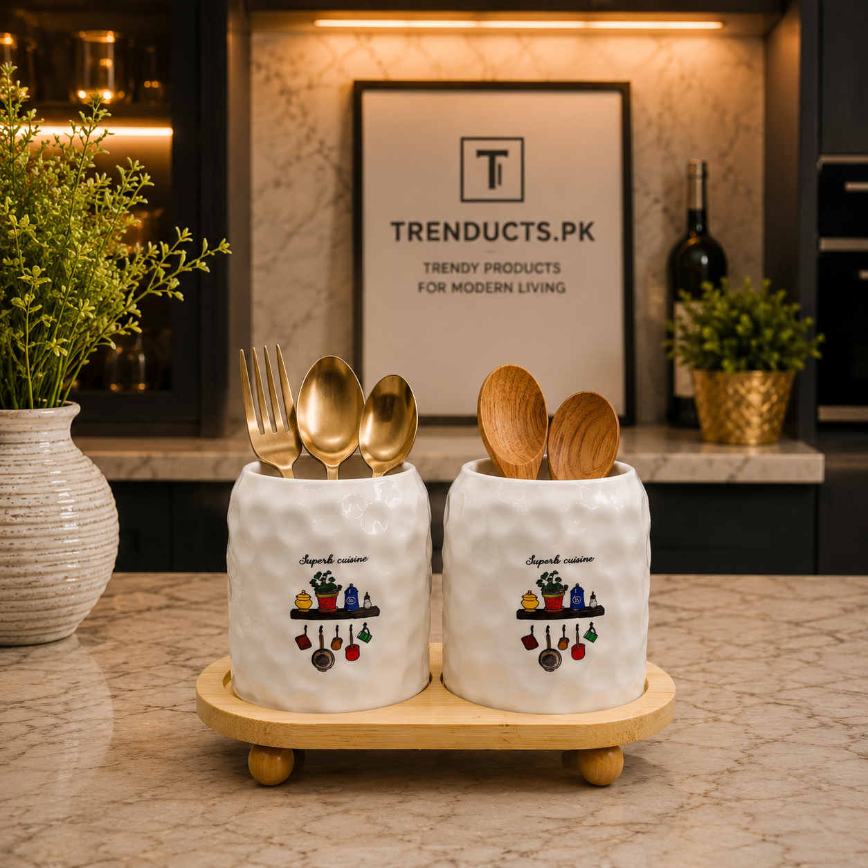 Premium 2-Piece Ceramic Spoon Holder Set with Footed Stand