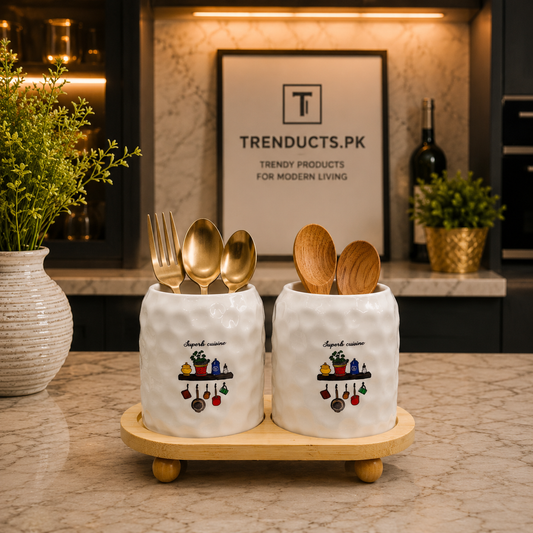 Premium 2-Piece Ceramic Spoon Holder Set with Footed Stand