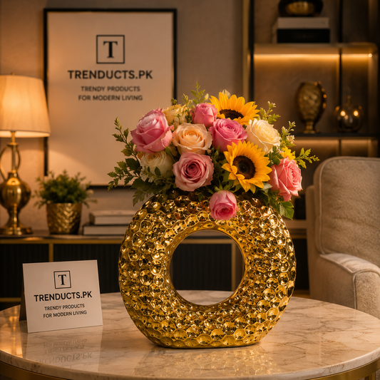 Luxury Hammered Gold Ceramic Donut Vase
