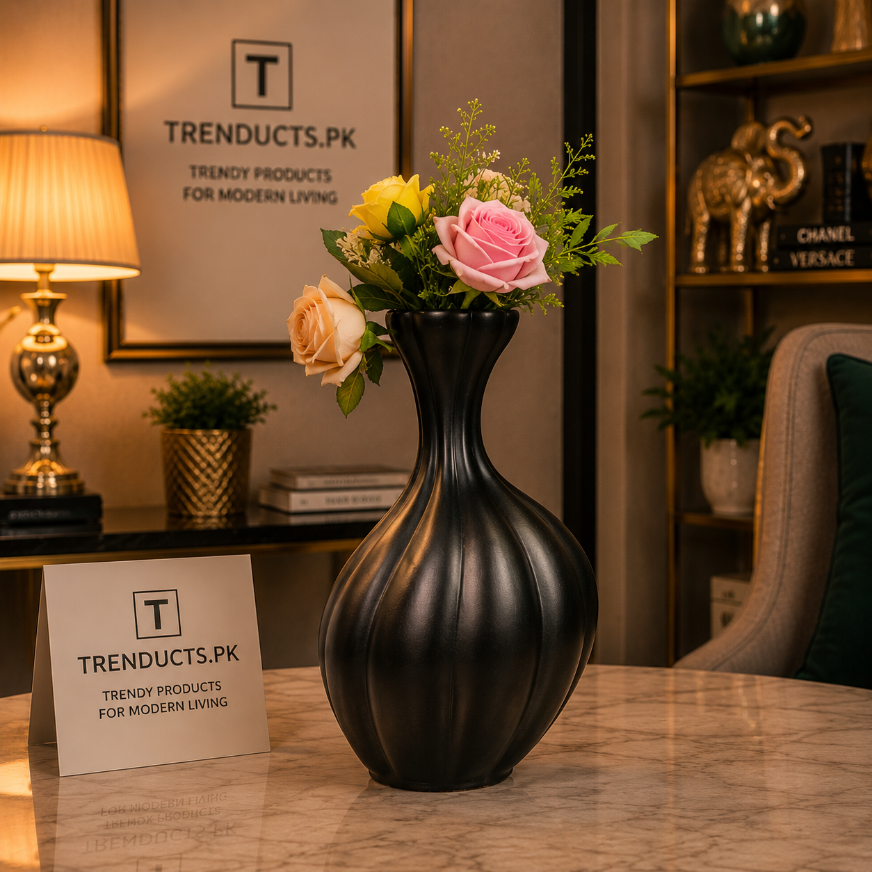 Modern Matte Black Ribbed Swan Vase