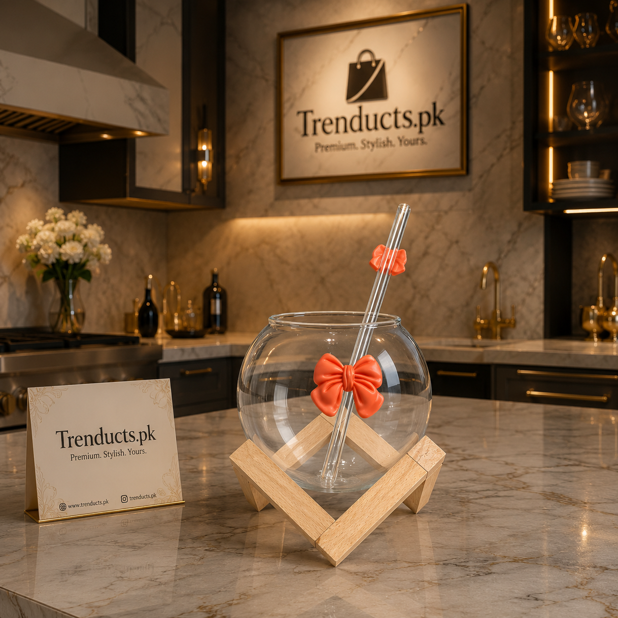 Lunar Bow Glass with Geometric Wooden Stand