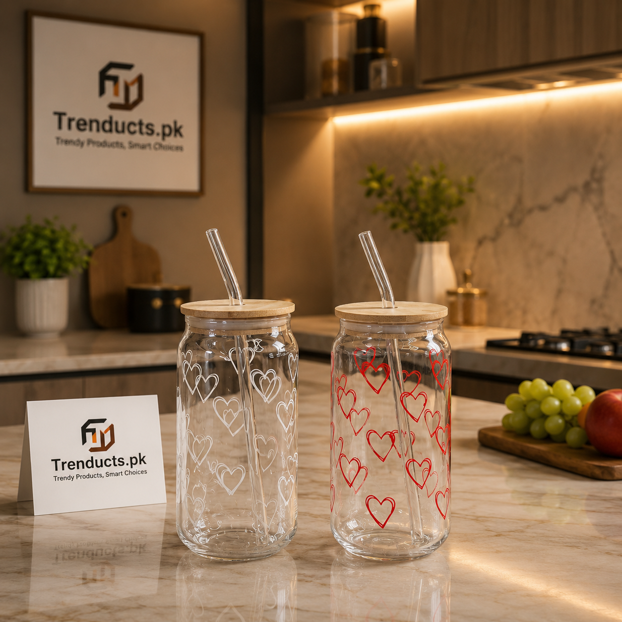 Aesthetic "Can-Shape" Iced Tea Glass with Bamboo Lid & Straw (Random design)