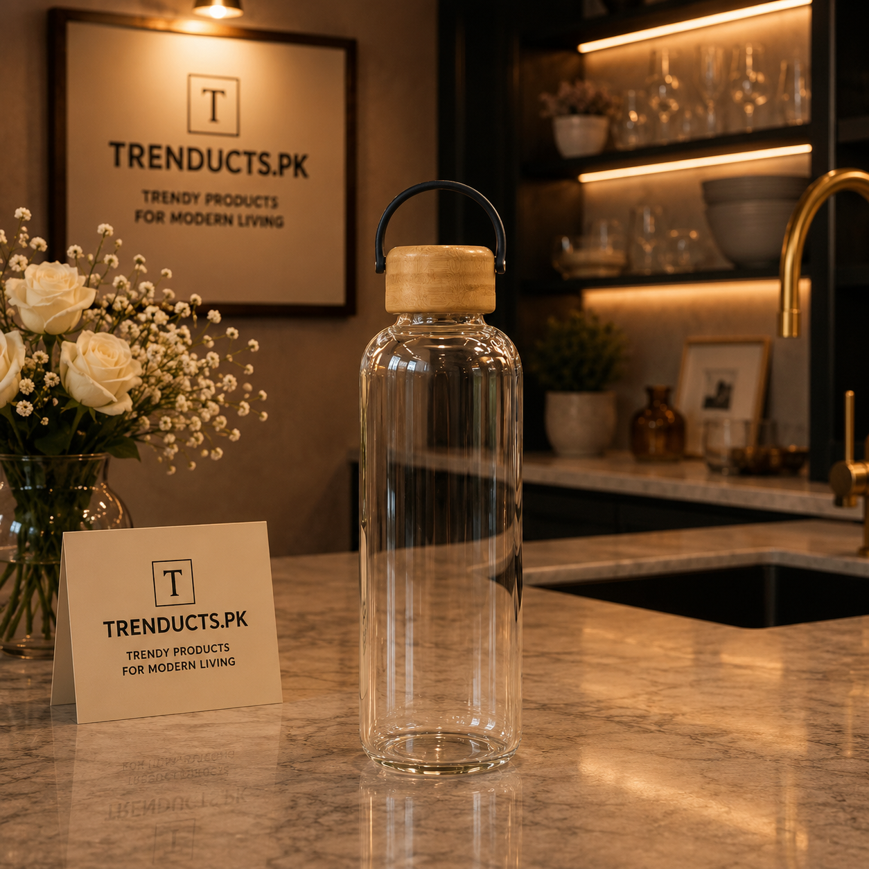 Minimalist 1000ml Borosilicate Glass Bottle with Bamboo Lid