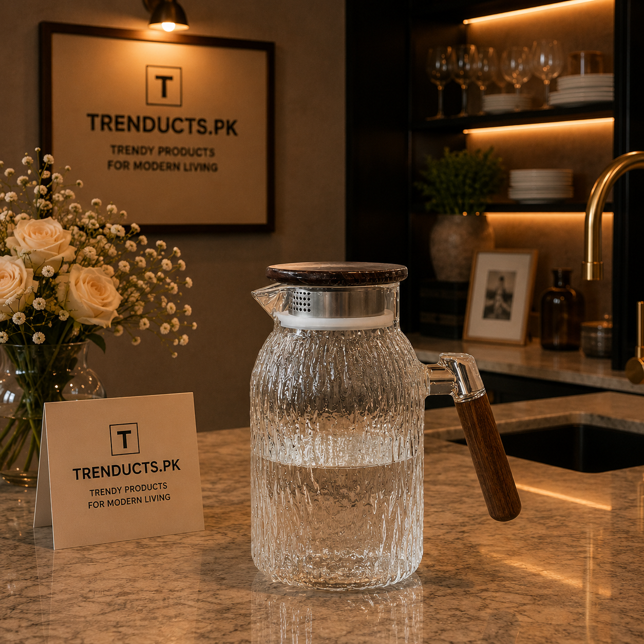 Artisanal "Bark" Textured Glass Jug with Walnut-Finish Accents