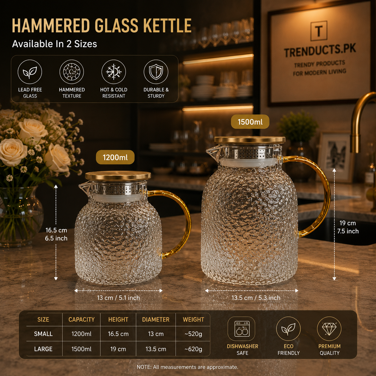 Luxury Hammered Glass Kettle with Golden Accents