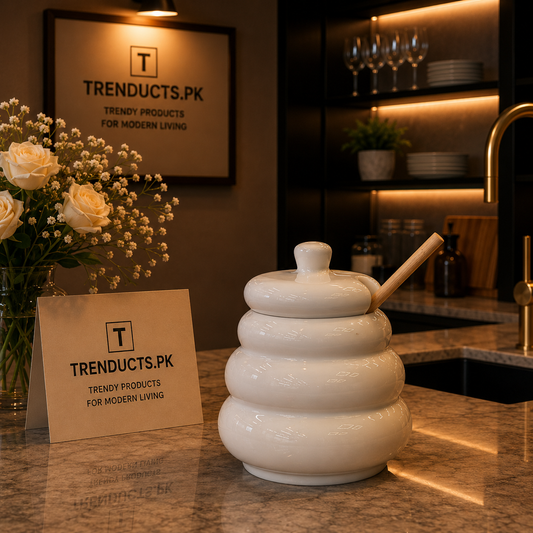 Minimalist "Beehive" Ceramic Honey Jar with Wooden Dipper
