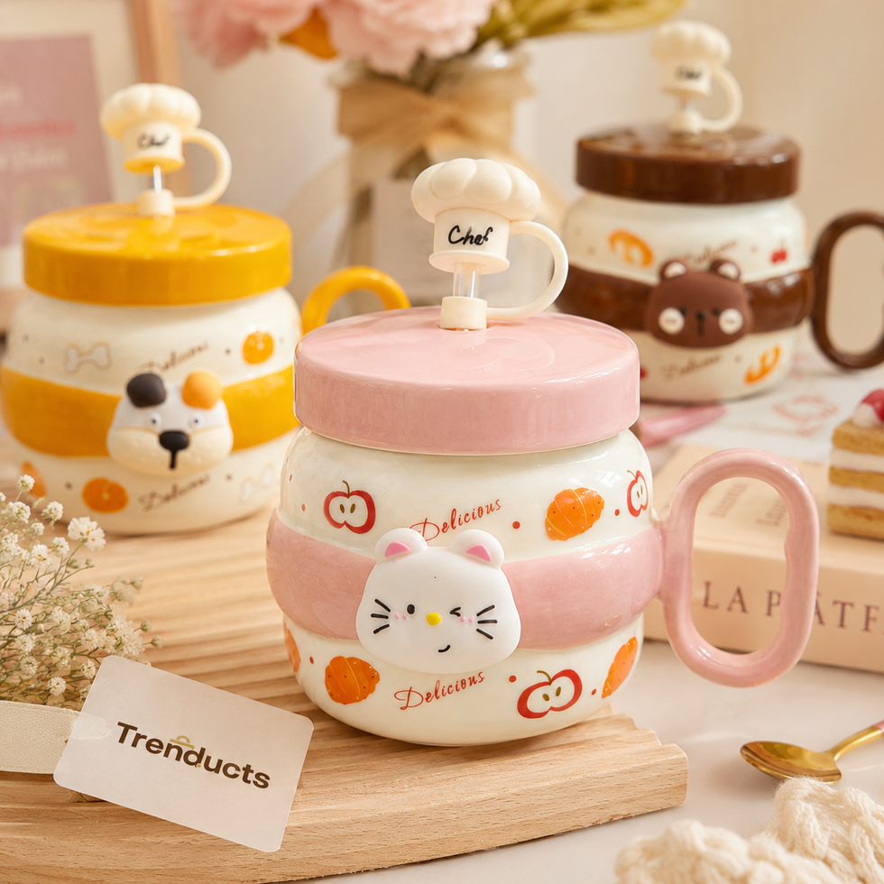 Cute Cartoon Ceramic Mug with Glass Straw & Lid (Random Color)