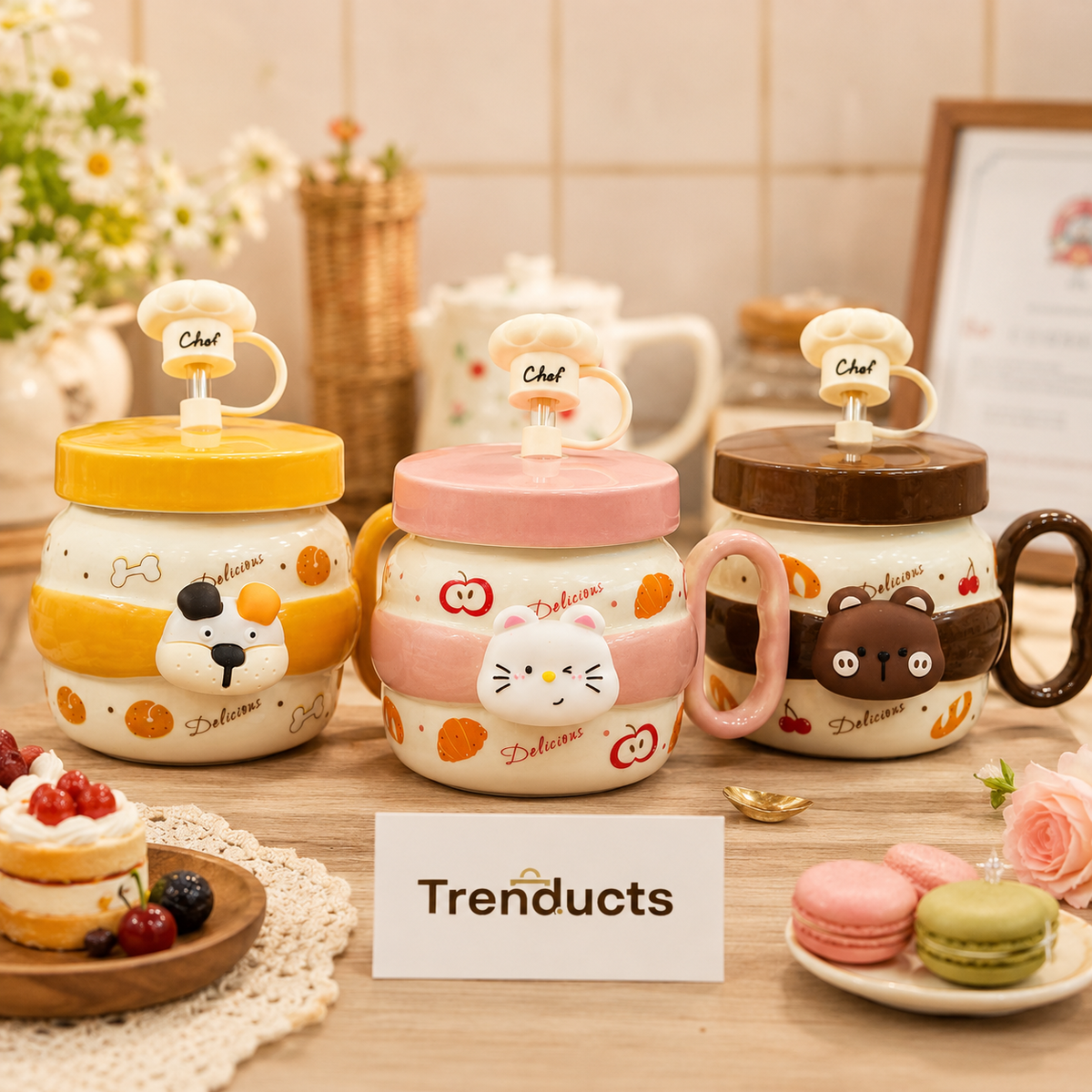Cute Cartoon Ceramic Mug with Glass Straw & Lid (Random Color)