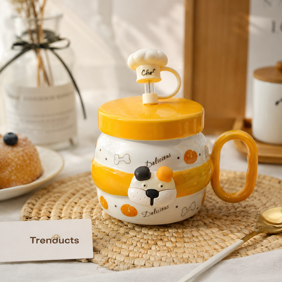 Cute Cartoon Ceramic Mug with Glass Straw & Lid (Random Color)