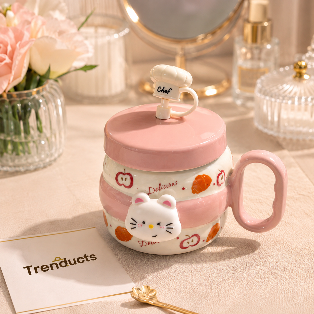 Cute Cartoon Ceramic Mug with Glass Straw & Lid (Random Color)