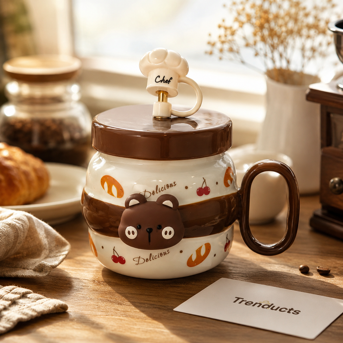 Cute Cartoon Ceramic Mug with Glass Straw & Lid (Random Color)