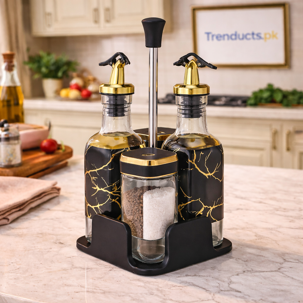 4-Piece Glass Oil Dispenser & Spice Jar Set – Leakproof Kitchen Organizer
