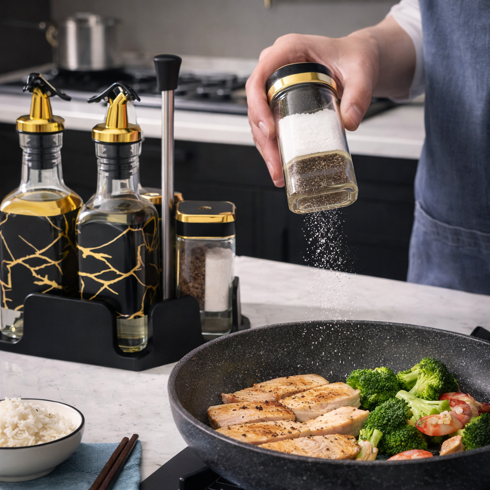 4-Piece Glass Oil Dispenser & Spice Jar Set – Leakproof Kitchen Organizer