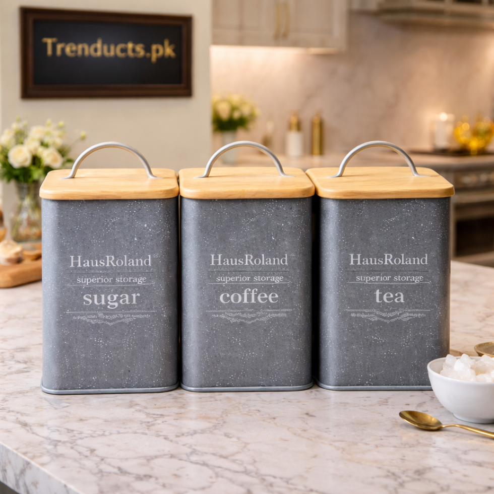 Hausroland 3-Piece Storage Canister Set with Wood Lids – Black, White & Grey