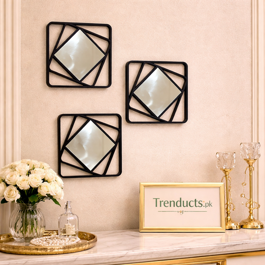 Geometric Vortex Square Mirror Set – 3 Piece Modern Collection
