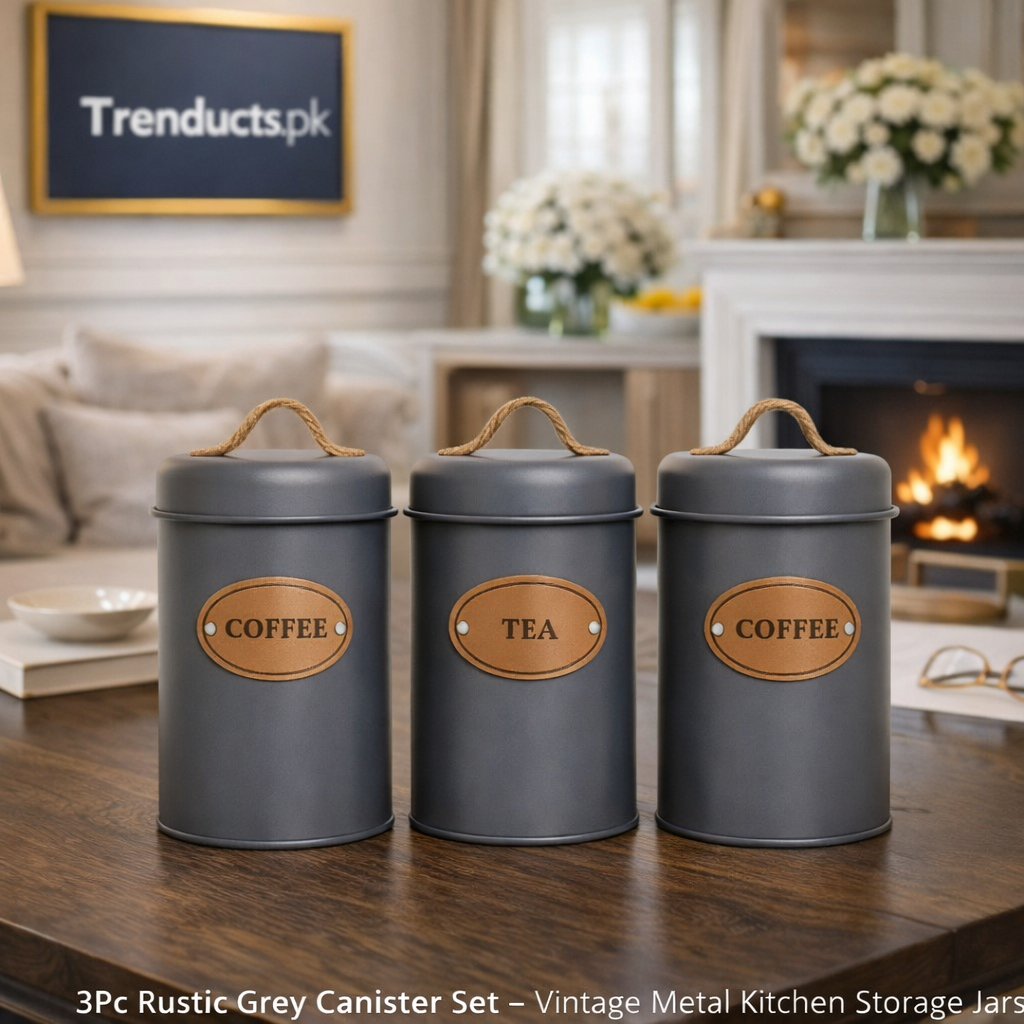 3Pc Rustic Grey Canister Set – Vintage Metal Kitchen Storage Jars MJ