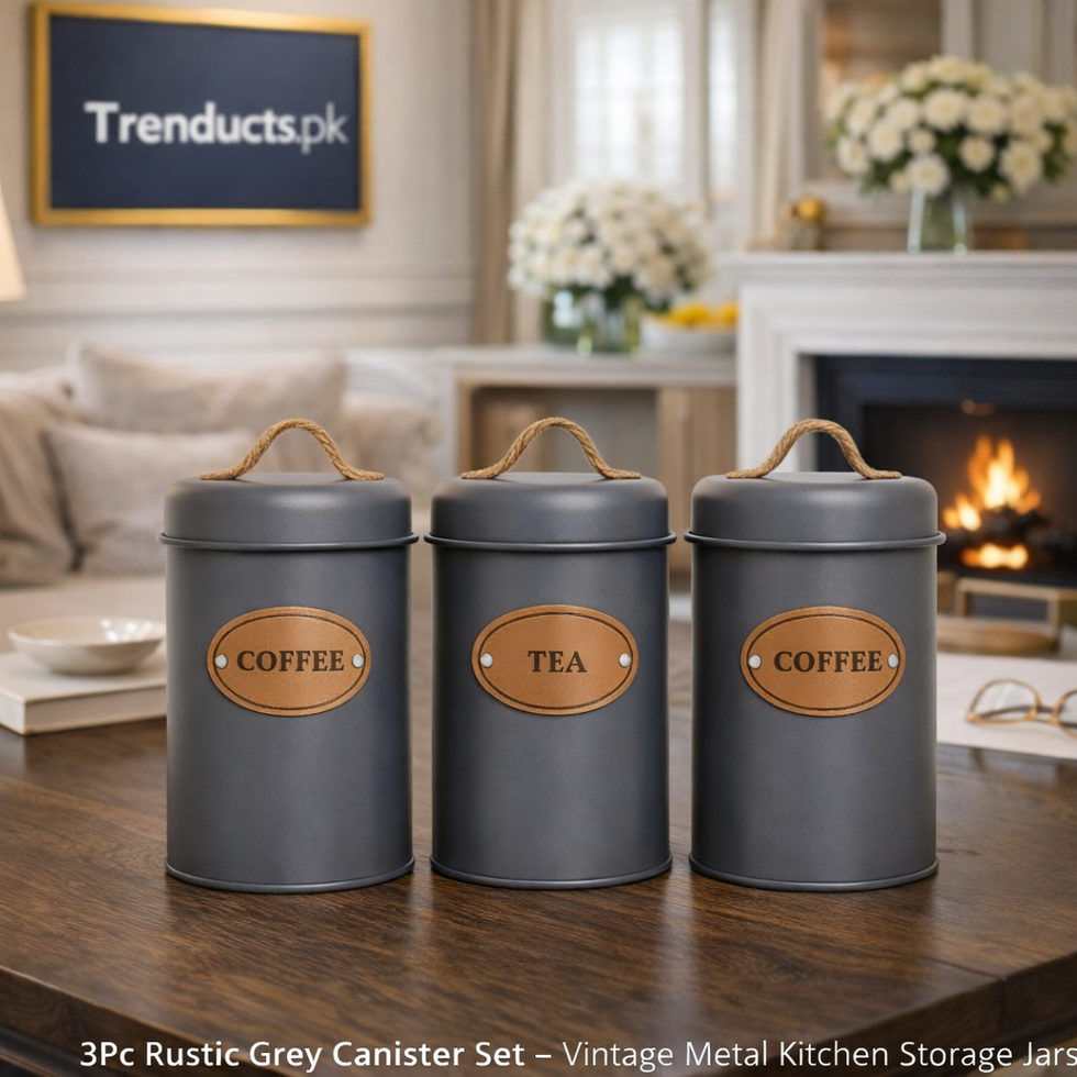 3Pc Rustic Grey Canister Set – Vintage Metal Kitchen Storage Jars MJ