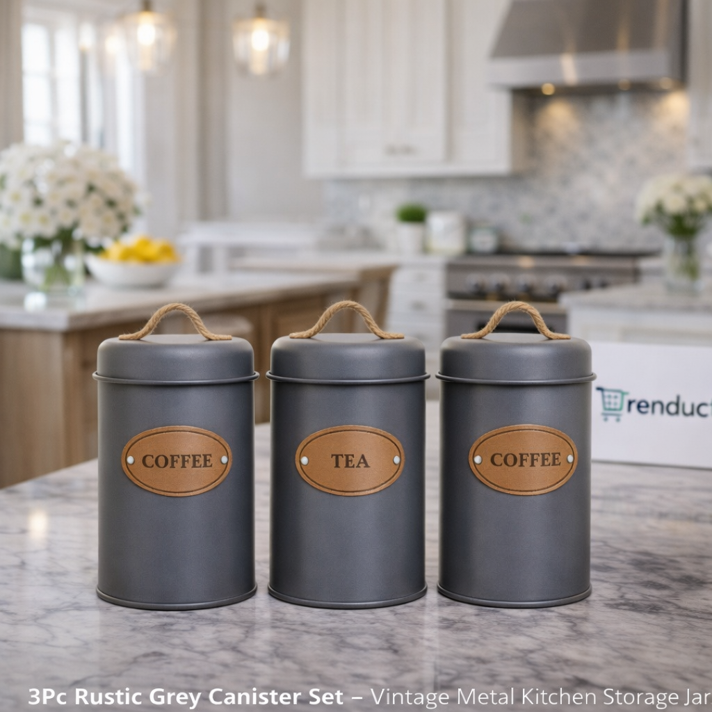 3Pc Rustic Grey Canister Set – Vintage Metal Kitchen Storage Jars MJ