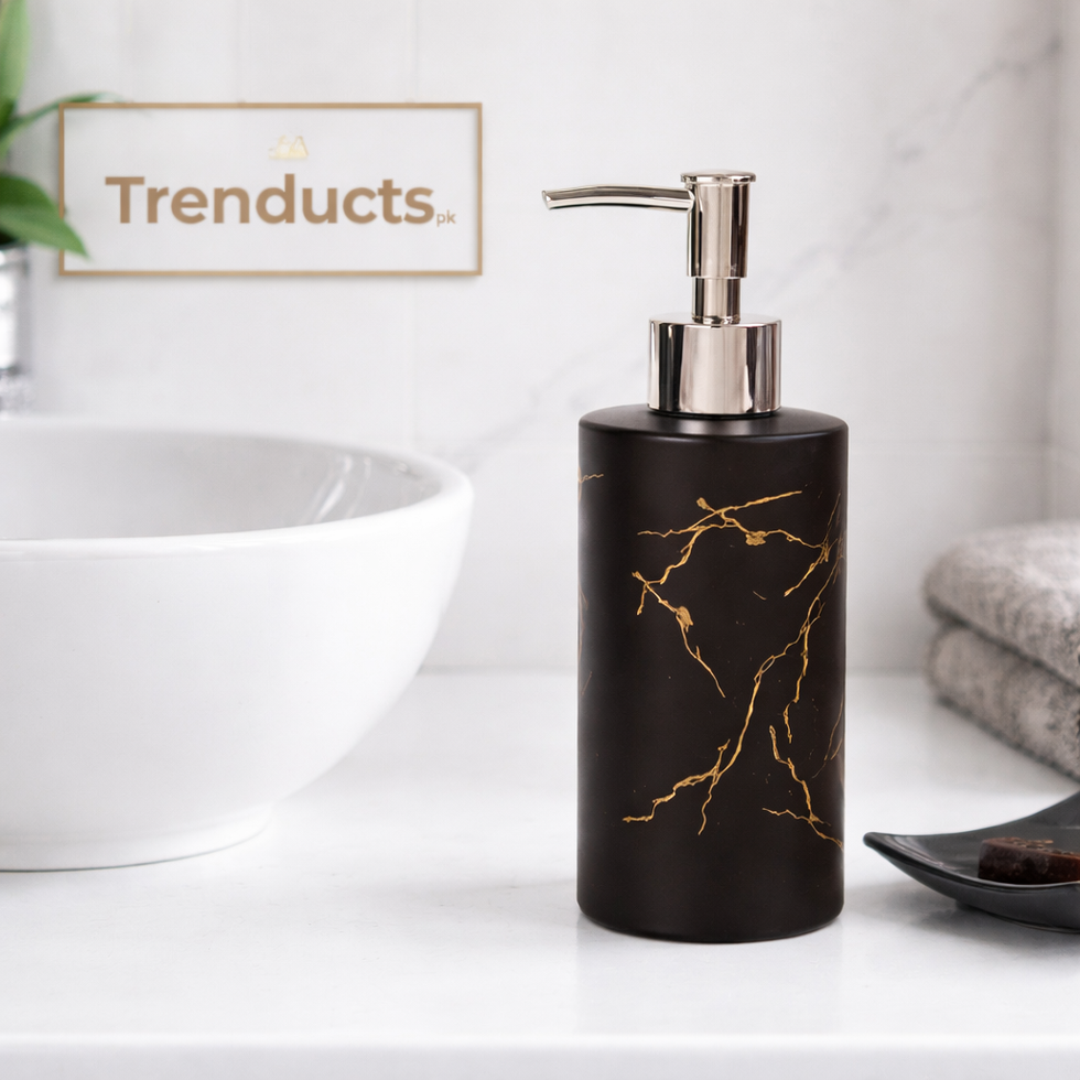 Luxury Black Marble Design Soap Dispenser – Matte Obsidian Resin Pump with Gold Veining GH
