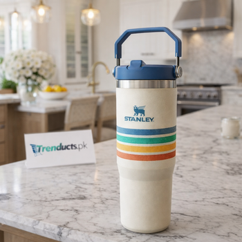 Stanley 30oz IceFlow Flip Straw Tumbler in Cream Stripe with retro multi-color stripes and blue carry handle - Trenducts Pakistan