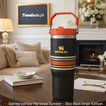 Stanley 30oz IceFlow Flip Straw Tumbler in Black Mesh with red lid and golden accents - Trenducts Pakistan