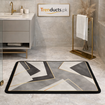 A sleek, modern absorbent floor mat placed on a bathroom floor, showing its soft texture and non-slip design.