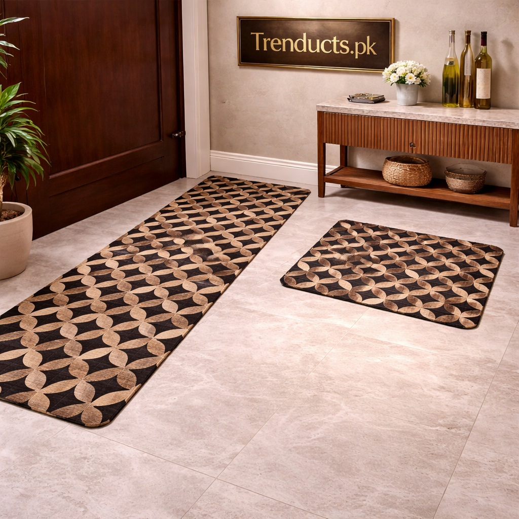 Modern Geometrical 2-Piece Runner Mat Set – Nappa Leather Fabric & Anti-Slip Rubber Base